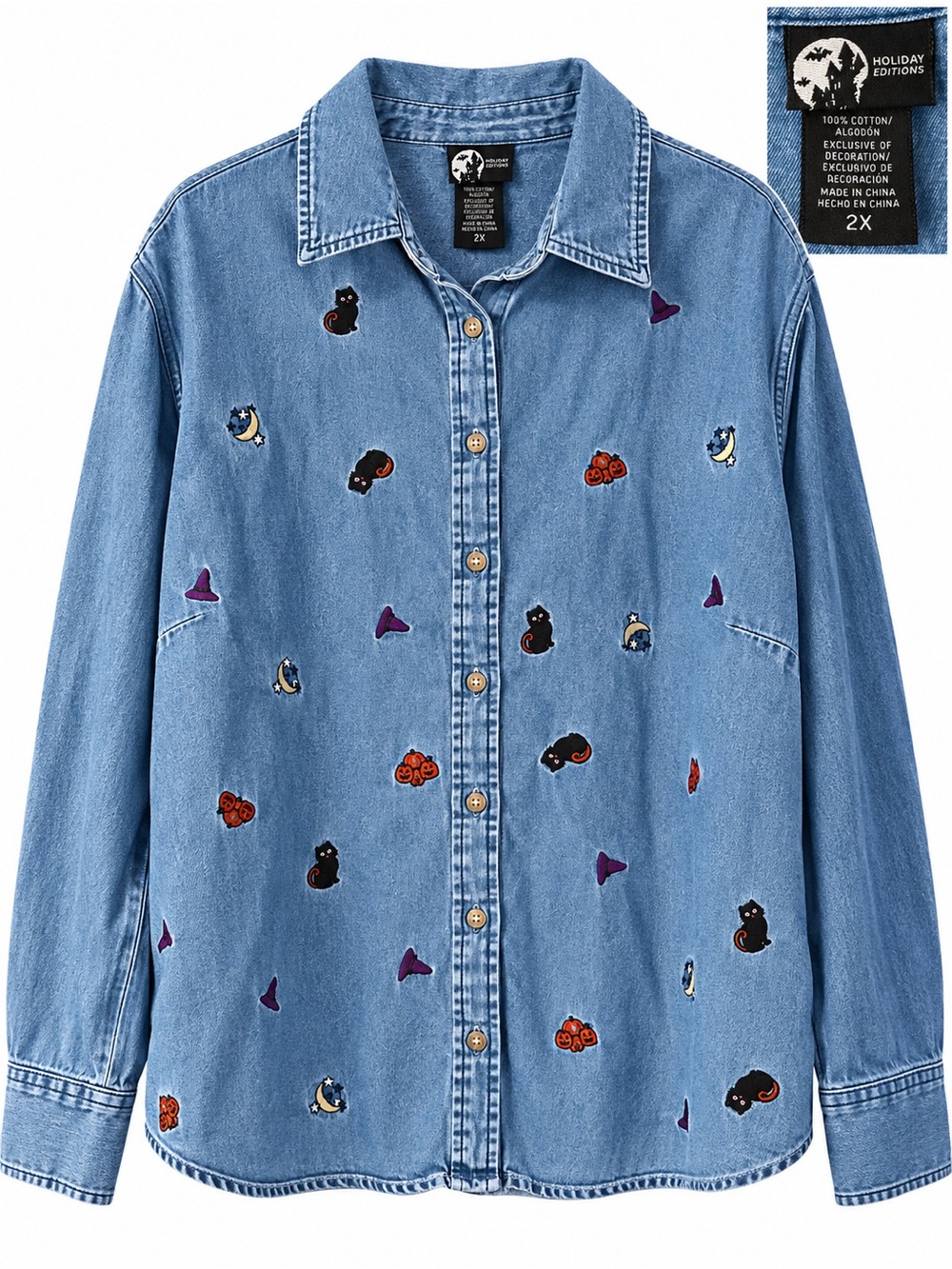 Holiday Editions Blue Denim Button-Front Shirt with Halloween Embroidery